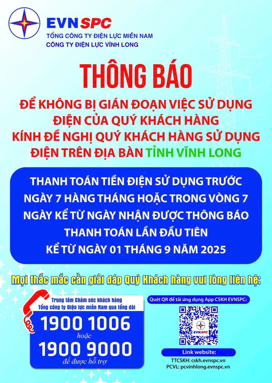 Công ty Điện lực Vĩnh Long – Đội quản lí điện Bình Đại thông báo về việc hỗ trợ tuyên truyền đăng tải thông tin về cung cấp dịch vụ điện, thanh toán tiền điện và ngừng giảm cung cấp điện trên các trang thông tin địa phương